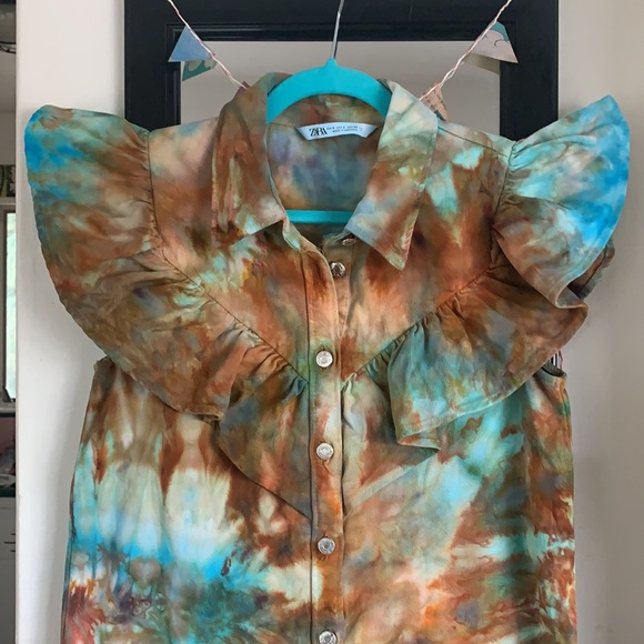 Zara tank top denim mini ruffle dress, ice toe dye - Picture 4 of 11